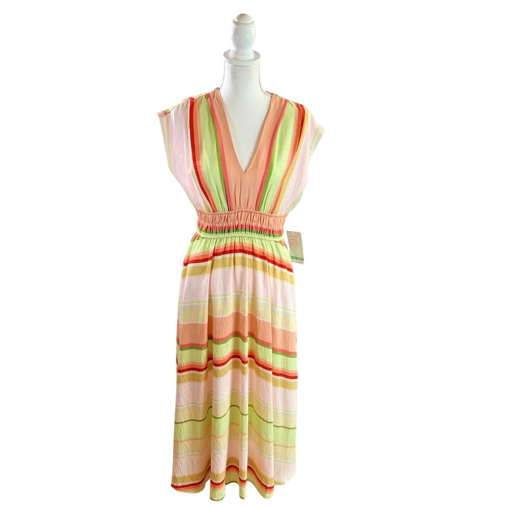 Maison Tara Sleeveless Pastel Striped V-Neck Gathered Waist Midi Dress Sz 8‎ NWT